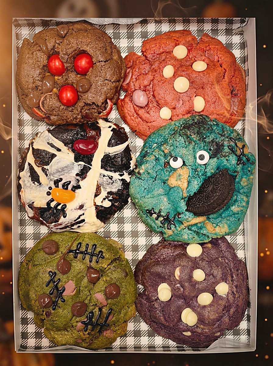 Six Halloween-decorated loaded cookies in a box lined with grey gingham paper, warm festive lighting